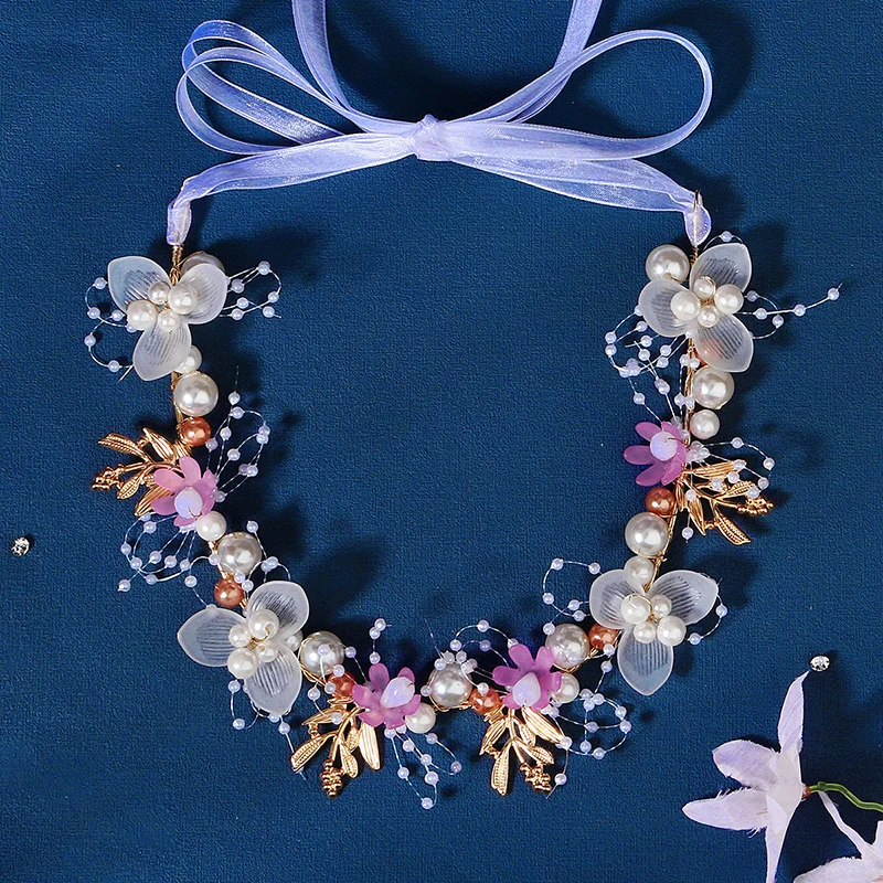 New Chinese Retro Bridal Hair Accessories Handmade Beaded Hair Braiding Flower Headband Headdresses For Girlfriend