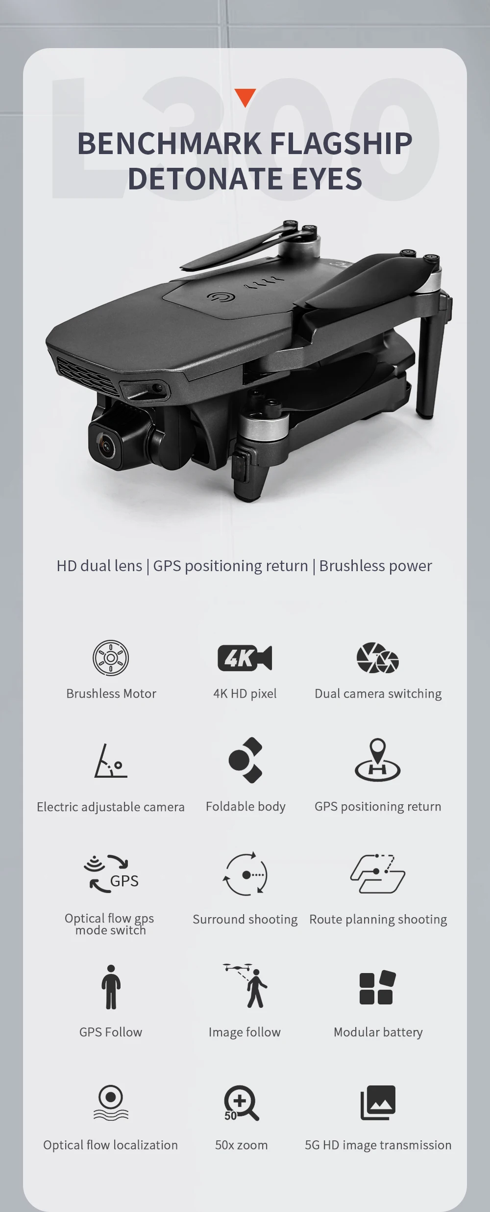 L300 GPS Drone, BENCHMARK FLAGSHIP DETONATE EYES HD dual lens GPS positioning