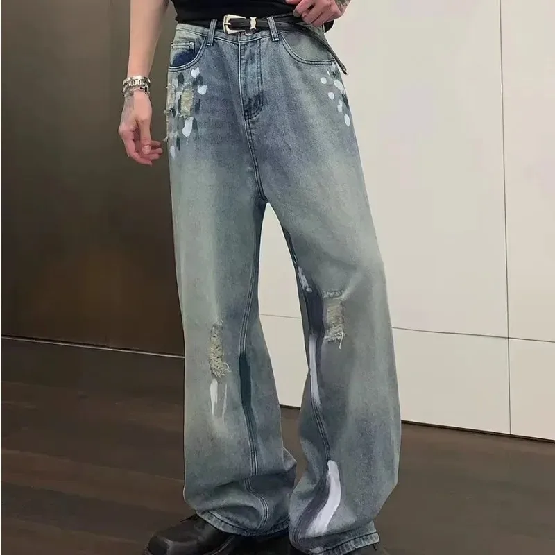 Men's Summer Jeans Loose-fit Wide-leg Straight-leg Denim Trousers American Style Casual Vibe Pants Ripped Design Sensibility