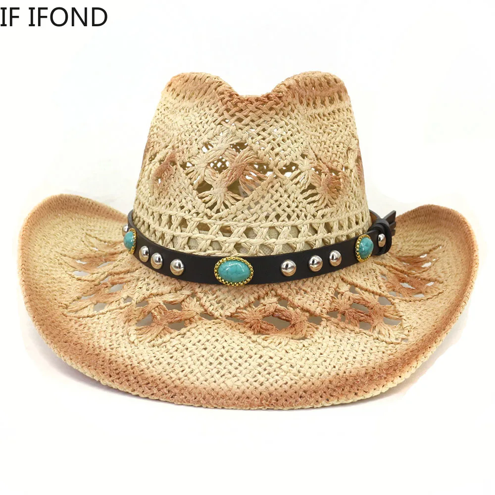 

Summer Hollow Straw Western Cowboy Hat For Men Curling Brim Beach Cowgirl Jazz Sun Hat Sombrero Hombre