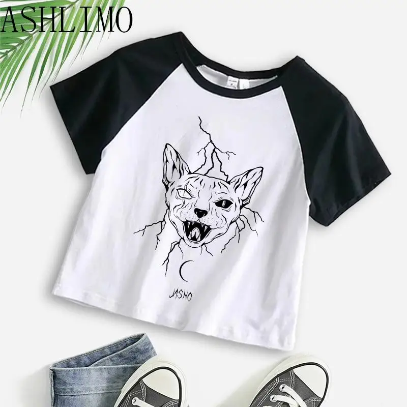 Y2k Tshirt Vintage Hairless Cat Print Black Female Short Sleeve O Neck