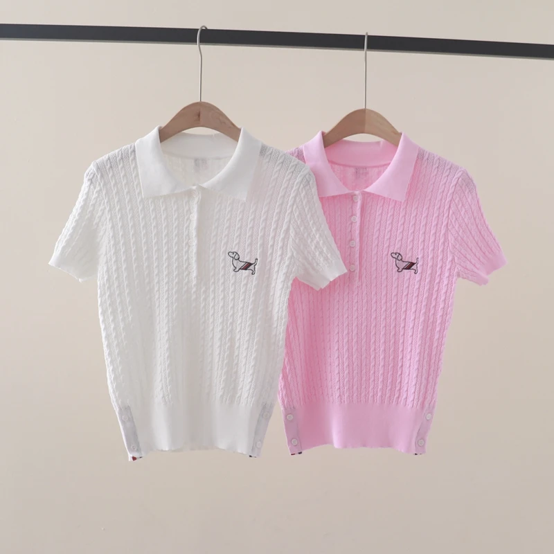 

Летняя новинка, модный простой пуловер с воротником-поло, приталенная вязаная футболка с вышивкой собаки, жареной тесто, короткими рукавами из ледяного шелка