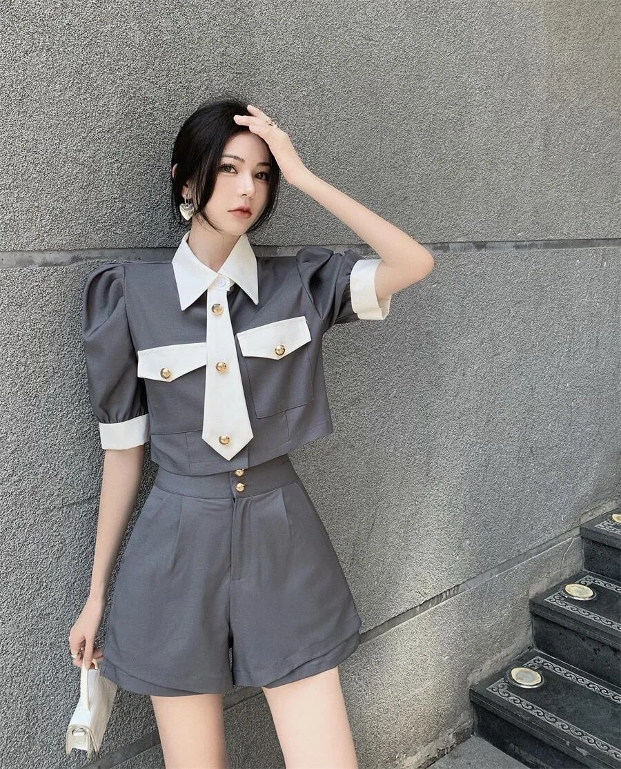 Western Style Suit Women's Summer New Puff Sleeve Contrast Color Tie