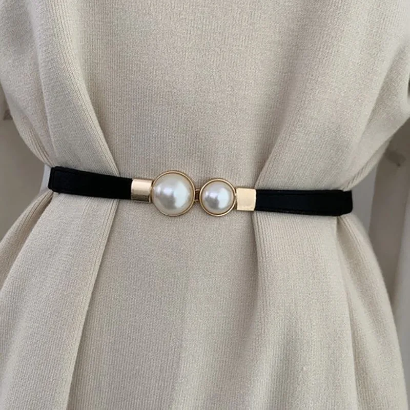 Elegant Double Pearls Buckle Elastic Women Belts Thin Straps Lady Girl Dress Skirt Decor Waistbands Trouser Dress Decoration