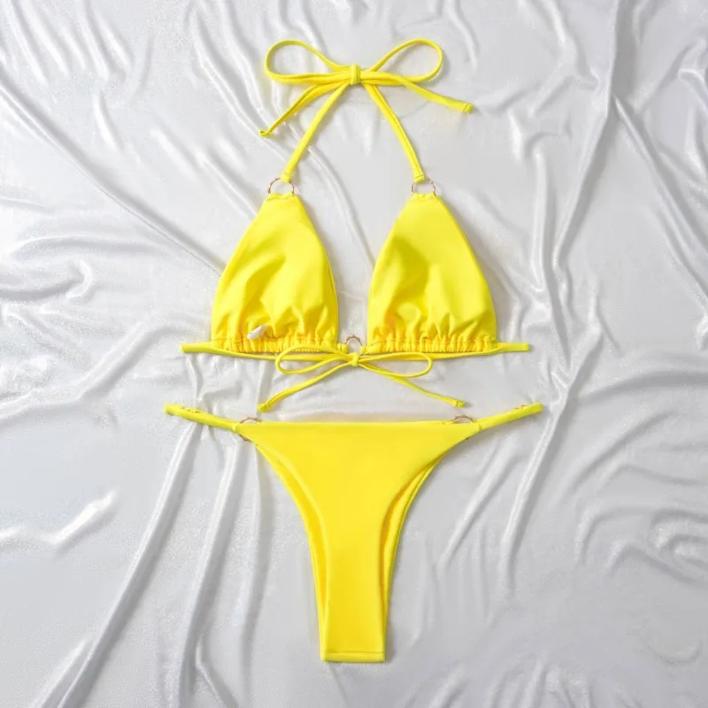 Sexy Women 2 Piece Bikini Spaghetti Strap Swimsuits Solid Color Bathing Swimwear Triangle Bathing Suit