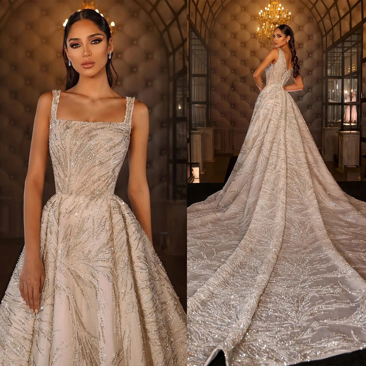 

Luxury Women Wedding Dress Square Neck Sleeveless Bridal Gowns Sequins Appliques Sweep Train Dress Custom Made vestidos de novia