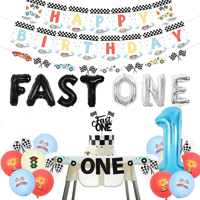 JOYMEMO Racing First Birthday Decorations Happy Birthday Banner Race Car  Garland Fast One Balloons for Boy