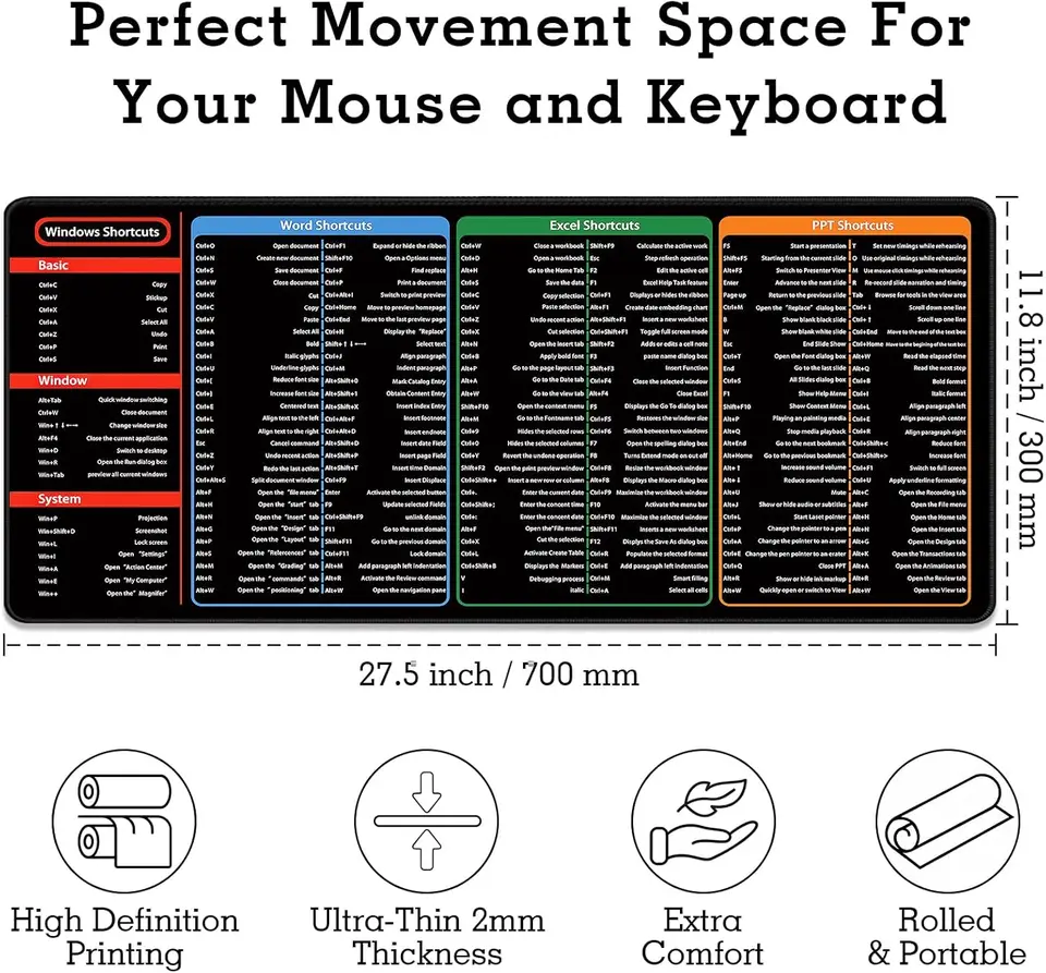 EclatChic Excel/Word/Power Point/Windows Cheat Sheet Desk Pad, Large Gaming Office Pc Mouse Pad,Keyboard Shortcuts Mouse Pad,Non-Slip Waterproof Desk Mat,Over 200 Shortcut Mousepad(XL 31.5 X 11.8 In - View #3