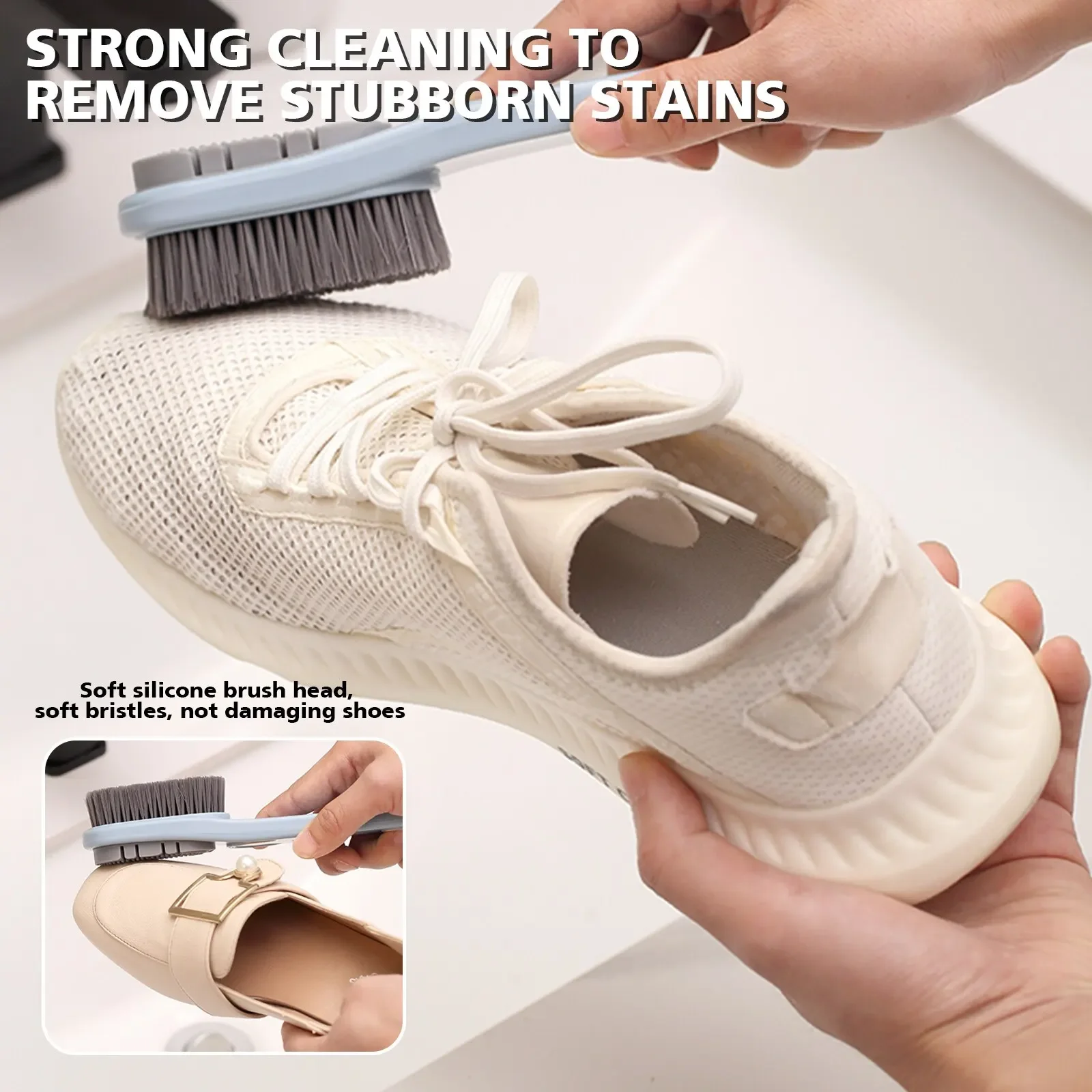 Description Picture 3 of itemDouble-Sided Shoe Brush Soft Bristled Cleaning Brush Silicone Brush Head Long Handle Brush Clothes Shoes Household Cleaner Tools