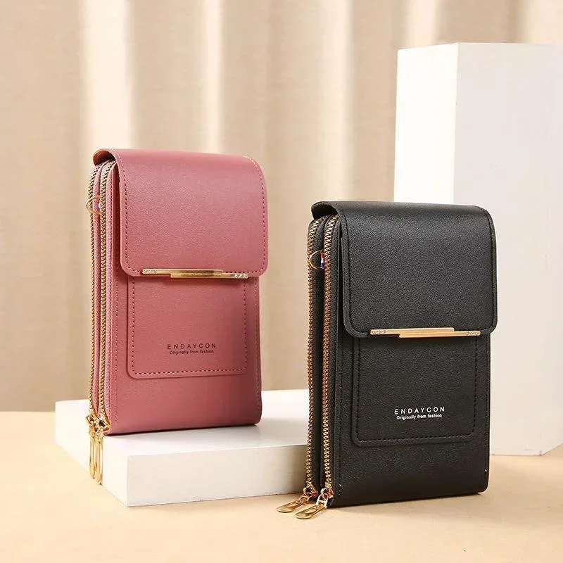 

New Fashion Women Soft Leather Wallets Touch Screen Cell Phone Purse Crossbody Shoulder Strap Handbag Solid Color for Female