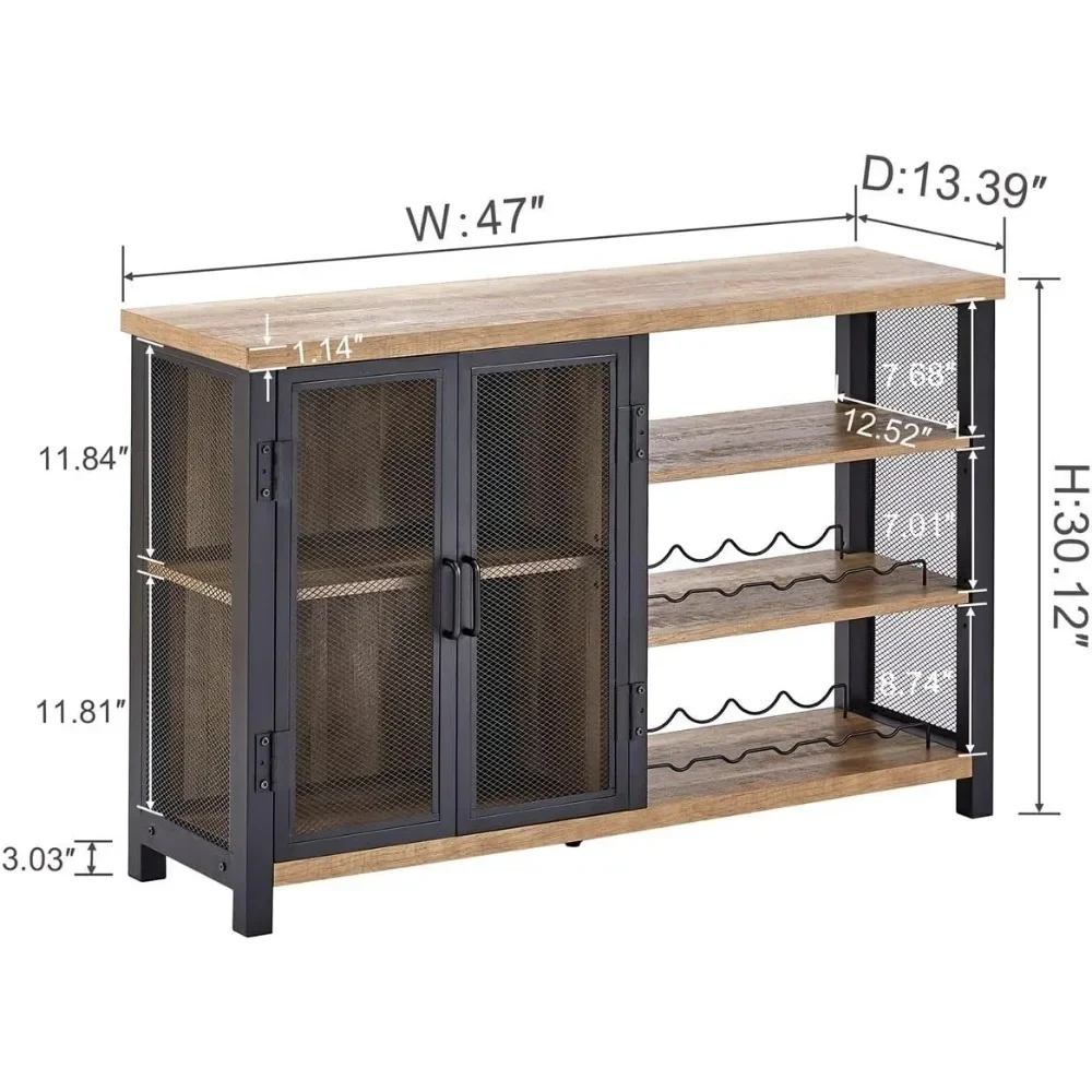 Industrial Bar Cabinet for Liquor and Glasses, Rustic Wine Cabinet with Doors, Farmhouse Coffee Bar with Storage