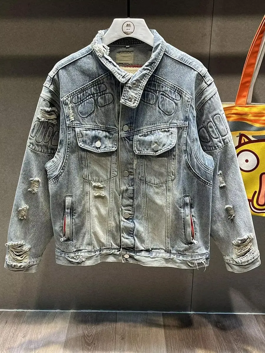 

Джинсовая куртка мужская потертая, потертая уличная одежда из денима, джинсовый топ с вышивкой, свободная рваная ковбойская куртка в стиле ретро, весна-осень