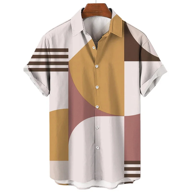 thumbnail image 1 of Camisa hawaiana con estampado geométrico para hombre, blusa holgada de manga corta con estampado 3D y empalmes coloridos, camisas hawaianas con solapa, 1 of 5