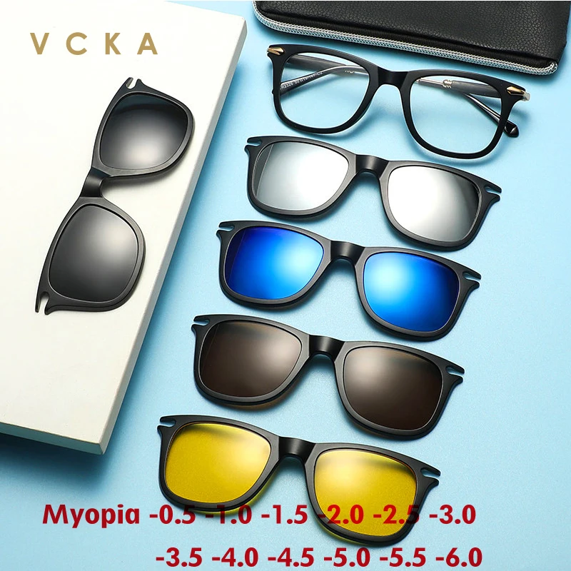 

Мужские и женские очки для близорукости VCKA, модные поляризационные солнцезащитные очки 6 в 1 с магнитным зажимом по рецепту, от-0,5 до-6,0