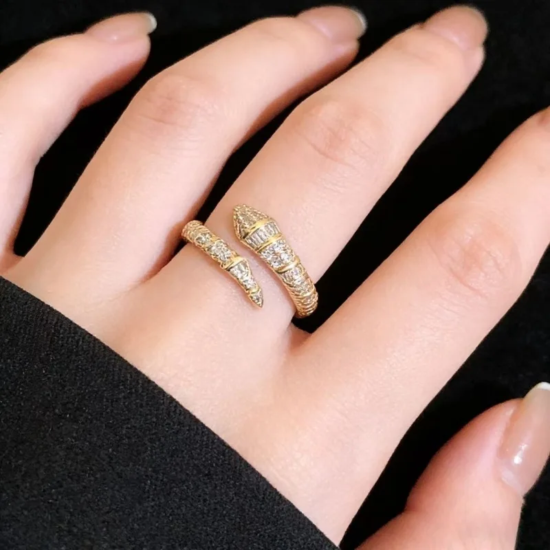 Serpentine Zirconia Adjustable Ring-Luxury Open Snake Ring with Crystal Accents,Hypoallergenic Sterling Silver Plated