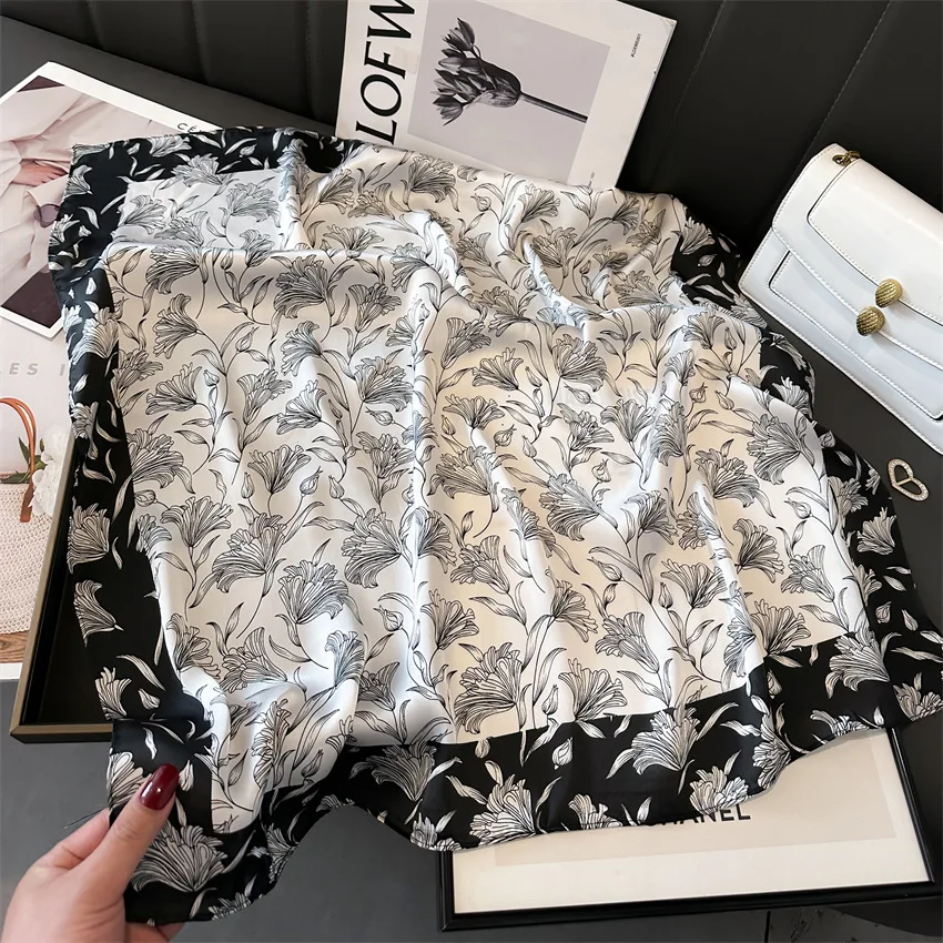 Black White Scarf 70X70cm Square Scarf Silk Scarf Classic Vintage Print Scarf Kerchief Popular Silk Scarves Bandanna Suit Scarf 5