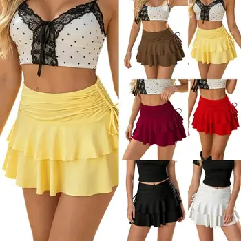 Y3NE Women's Ruffle Skirts with Shorts Tiered Layers Elastic Waist Skort Drawstring Side Bow Tie 1