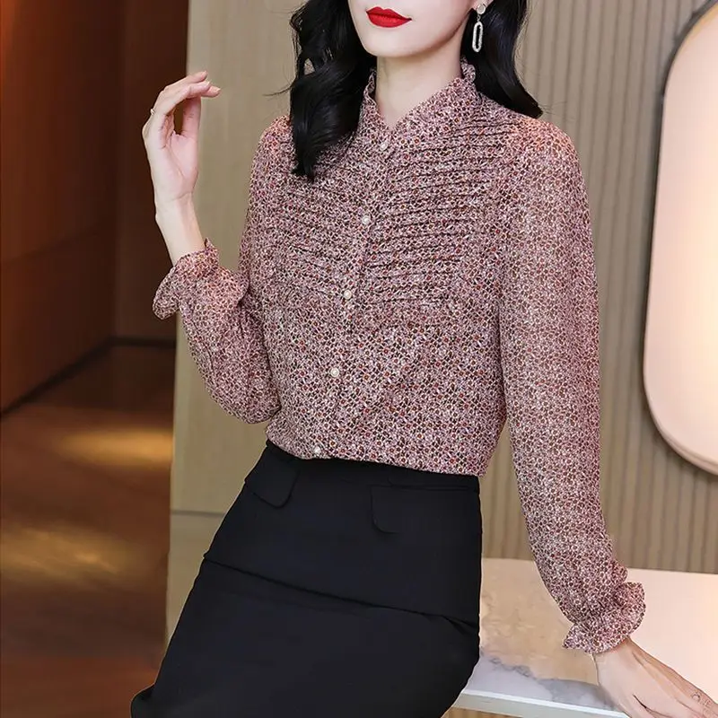 Spring Summer Thin Sexy Sweet Tops Blouses Stand Collar Temperament Button Printing Patchwork Ruffles Women's Clothing Loose