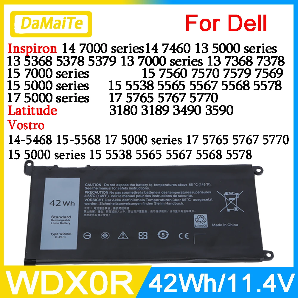 Wdx0r para Bateria Dell para Dell Latitude 3180 3189 3390 Inspiron 13 5368 5378 7368 14 7460 7472 5468 15 5538 5567 5568 5584 5570 5570 7560 7570 7569 17 5765 5767 5770 5775 3189 P58f P66f P69g Portátil Wdxor Novo
