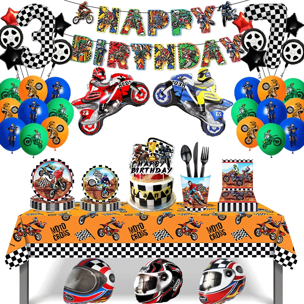 Motorrad-Thema Happy Birthday Banner Teller Tortendekoration Helm Motocross Ballon Dirt Bike Geburtstagsdekoration Partyzubehör