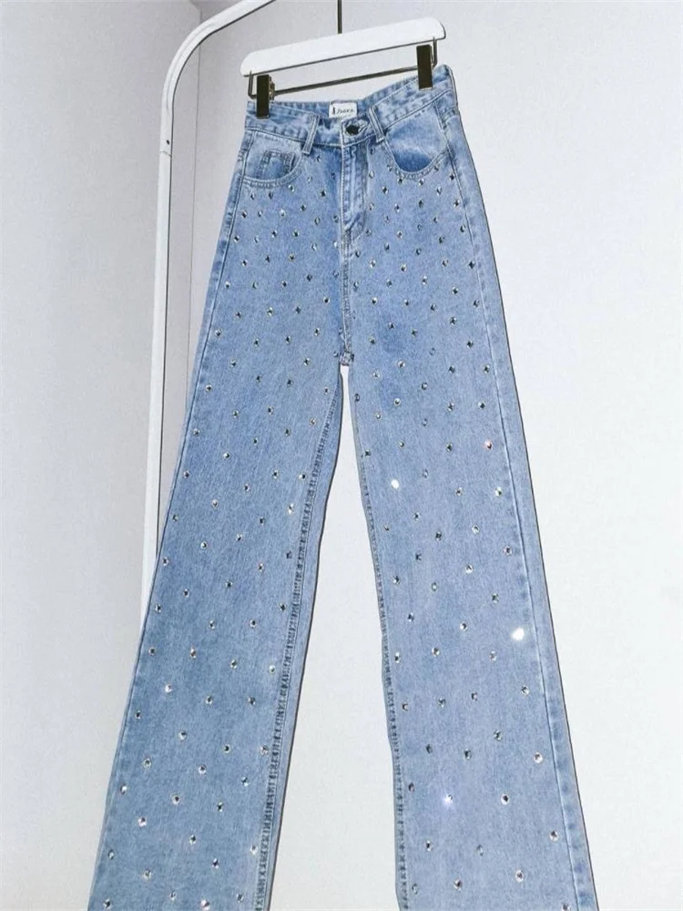Jeans de pierna ancha con diamantes de imitación estrellados para