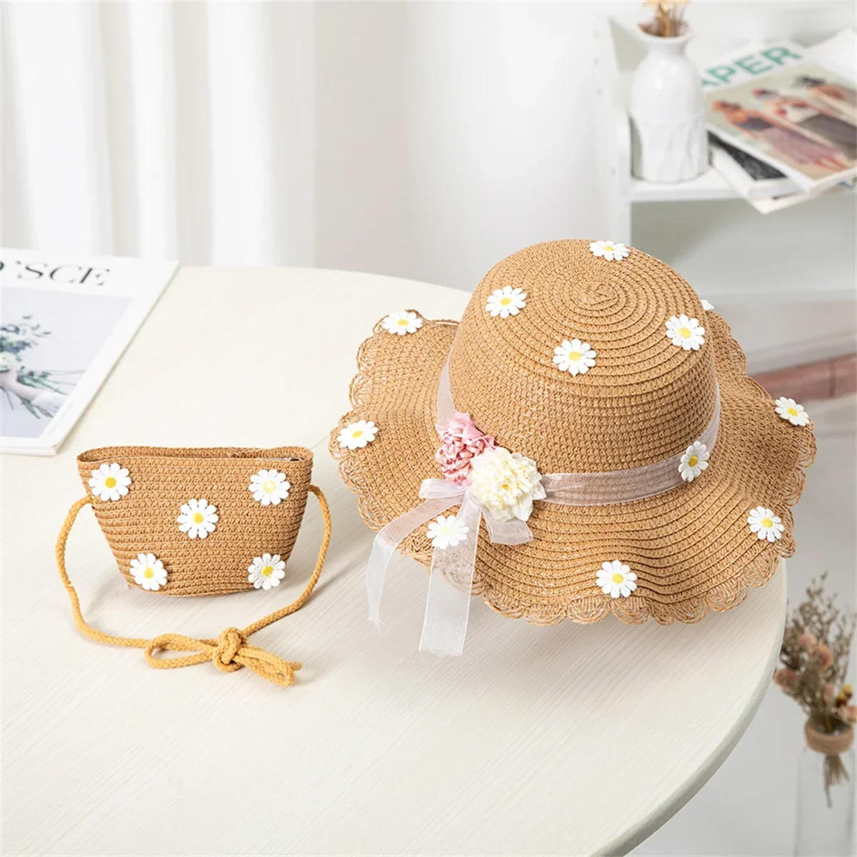 Girls Straw Hat Summer Children Sun Hat Flower Holiday Beach Cap With Kids Bag Street Outdoor Wide Cap Shoulder Bag HandBags