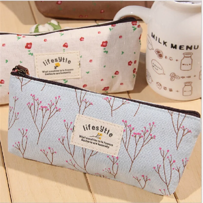 Kawaii Floral Zipper Pencil Case - Flower Canvas Fabric Pen Bags School  Supplies