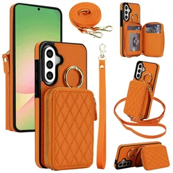 Elegant Leather Zip Wallet Card Phone Case with Ring Wrist Strap and Crossbody Lanyard Cover - Galaxy A37 (Orange)
