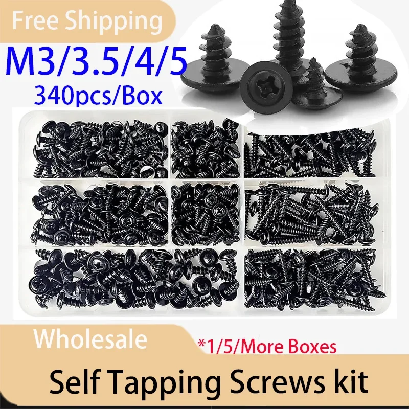 

340pcs/Box Cross Head Self Tapping Screws Set Pan Head Tapping Screw Assortment Kit Black Furniture Carbon Steel M3/M3.5/M4/M5