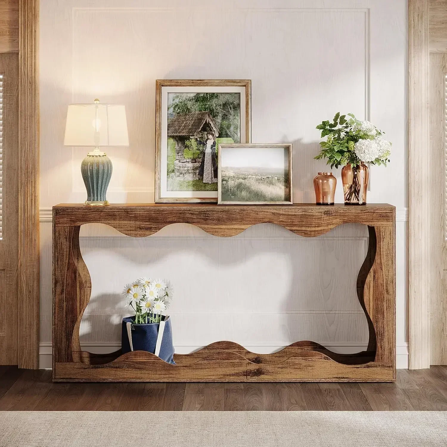 63-Inch Farmhouse Console Table with Storage, Couch Table Behind Sofa, Long Entryway Table, Hallway Table for Living Room
