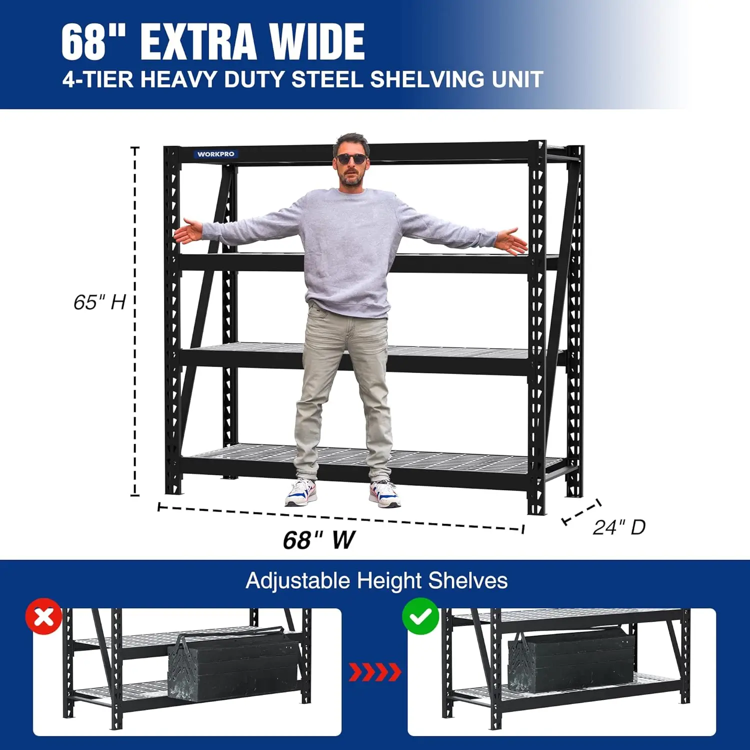 68" Ultra Wide 4-Tier Metal Garage Shelving Unit 68"W x 24"D x 65"H 7200 LBS Capacity, Heavy Duty Storage Utility Rack 2