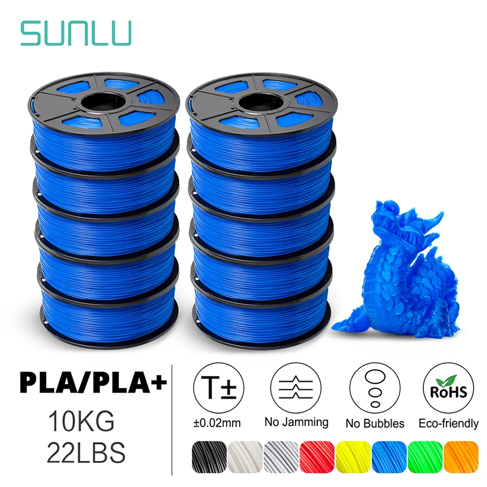 SUNLU PLA 3D Filament 1KG 1.75MM 10Rolls Bulk Sale FDM Printer Material Non-Toxic Bright Color Odorless No Knots Arranged Neatly