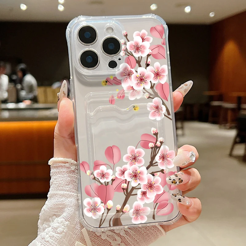Floral Shockproof Clear TPU Phone Cover with Card Slot Pocket