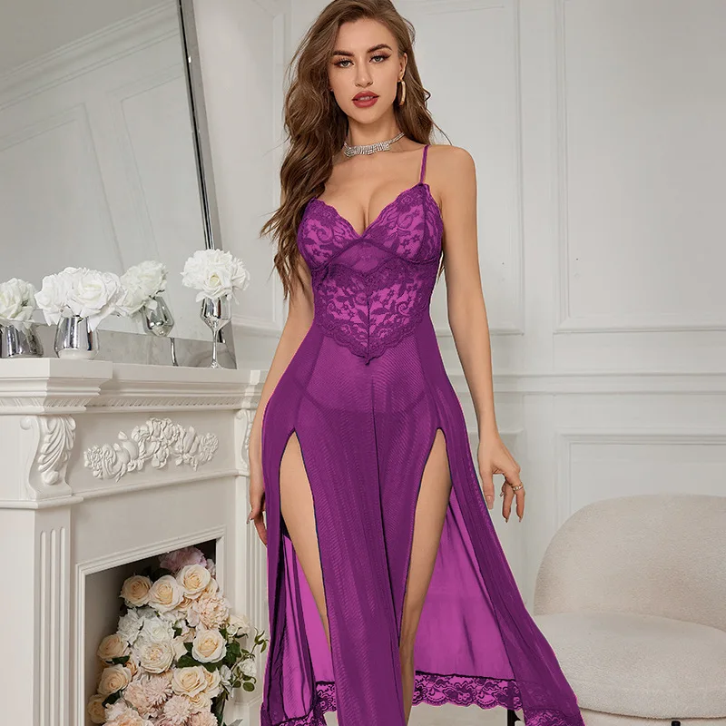 Sexy Women Lingerie Night Dress Spaghetti Strap Sleeping Dress Lace Mesh Split Long Skirt Home Wear Nightgown Sleepwear