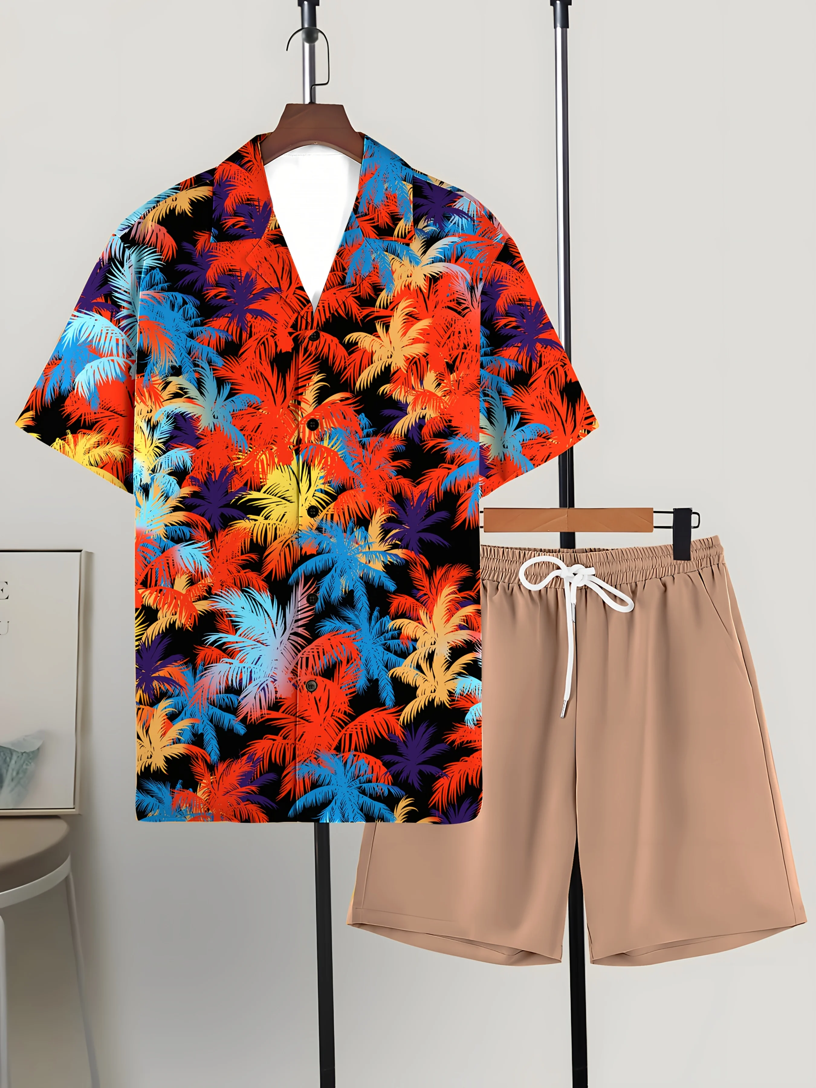 Hawaii shirt set men’s floral print summer casual large button-down shirt and shorts two-piece set multicolors