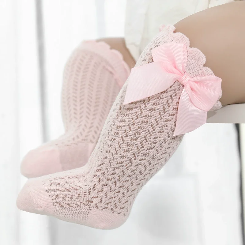 Baby Socks 0-2Years Baby Girl Socks with Bow Summer Toddler Baby Cotton Mesh Knee Socks Newborn Infant Non-slip Princess Long