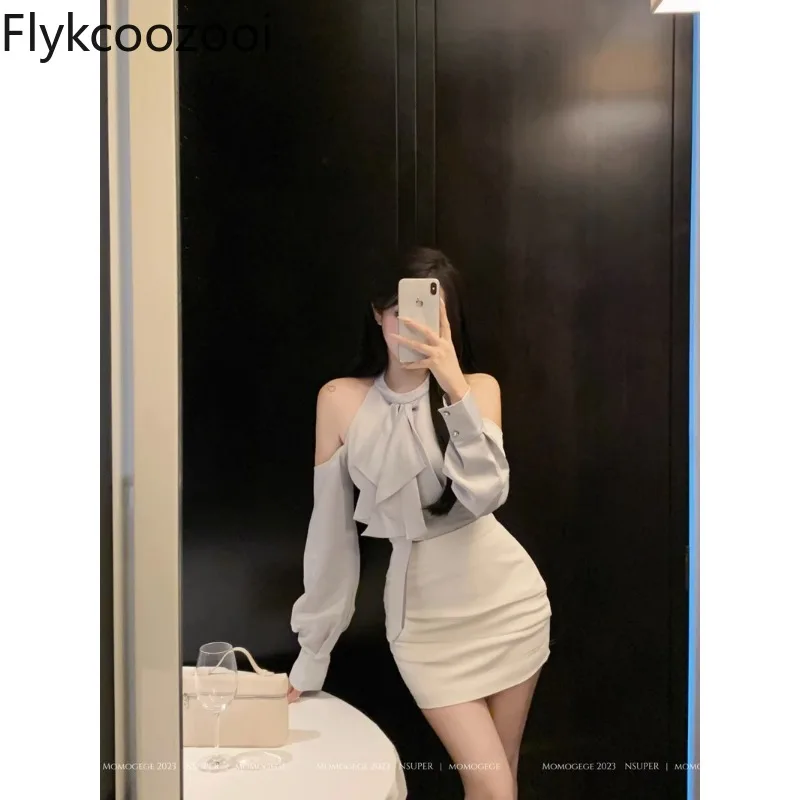 

Рубашка и юбка Flykcoozooi с лямкой на шее, Однотонные блузки с открытыми плечами, топы, мини-юбки, чистые сексуальные милые комплекты из двух предметов, женская одежда
