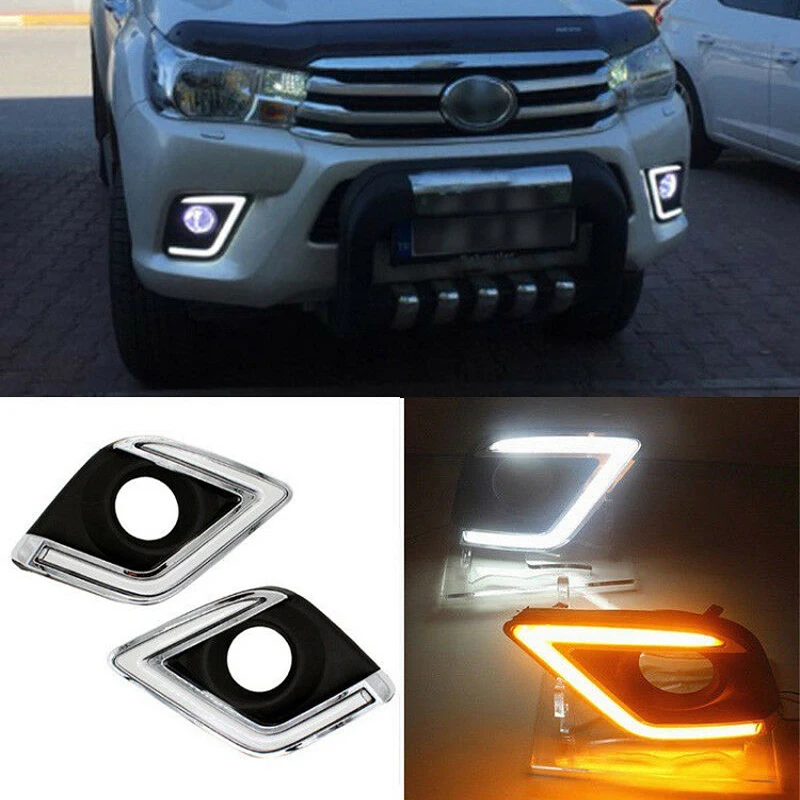

Auto LED Daytime Running Light For Toyota Hilux Revo 2015 2016 2017 Car Driving Bumper With Yellow Turn Signal Daylight
