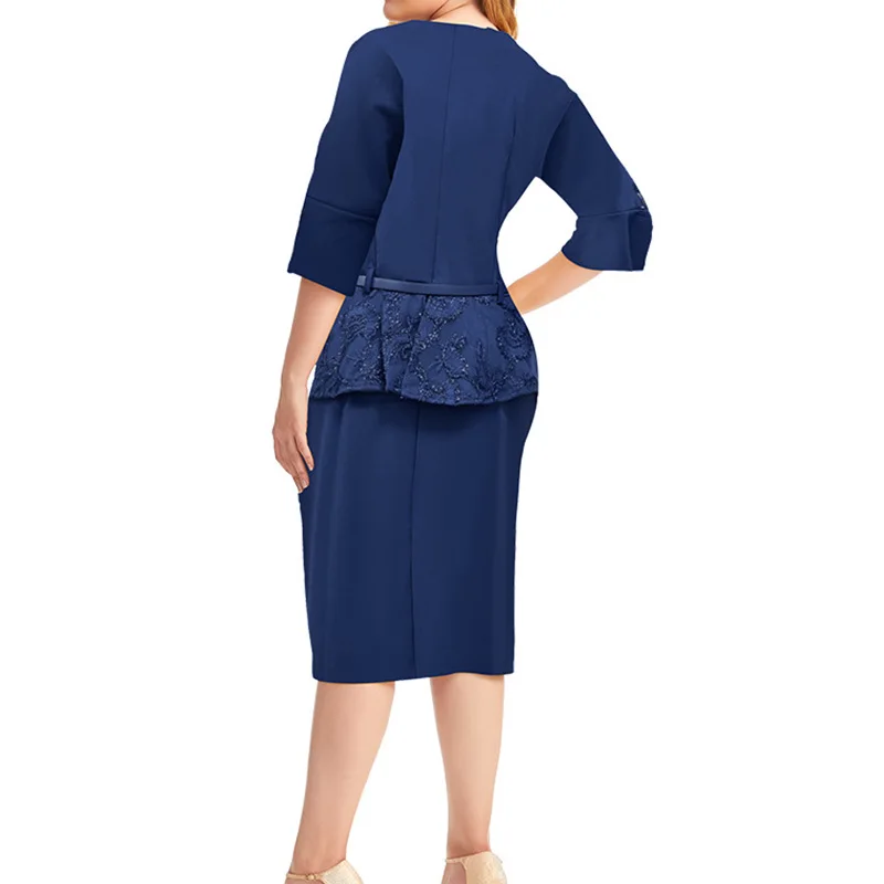 Plus Size Embroidery Patchwork Lace Three Quarter Sleeve Pencil Skirt Women Summer Elegant O-Neck Hot Drilling Belt Midi Dress