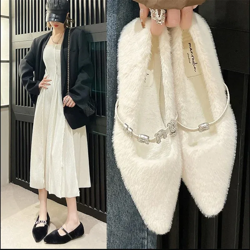 Pointed plush shoes for women wearing French style gentle flat bottomed plush single shoes