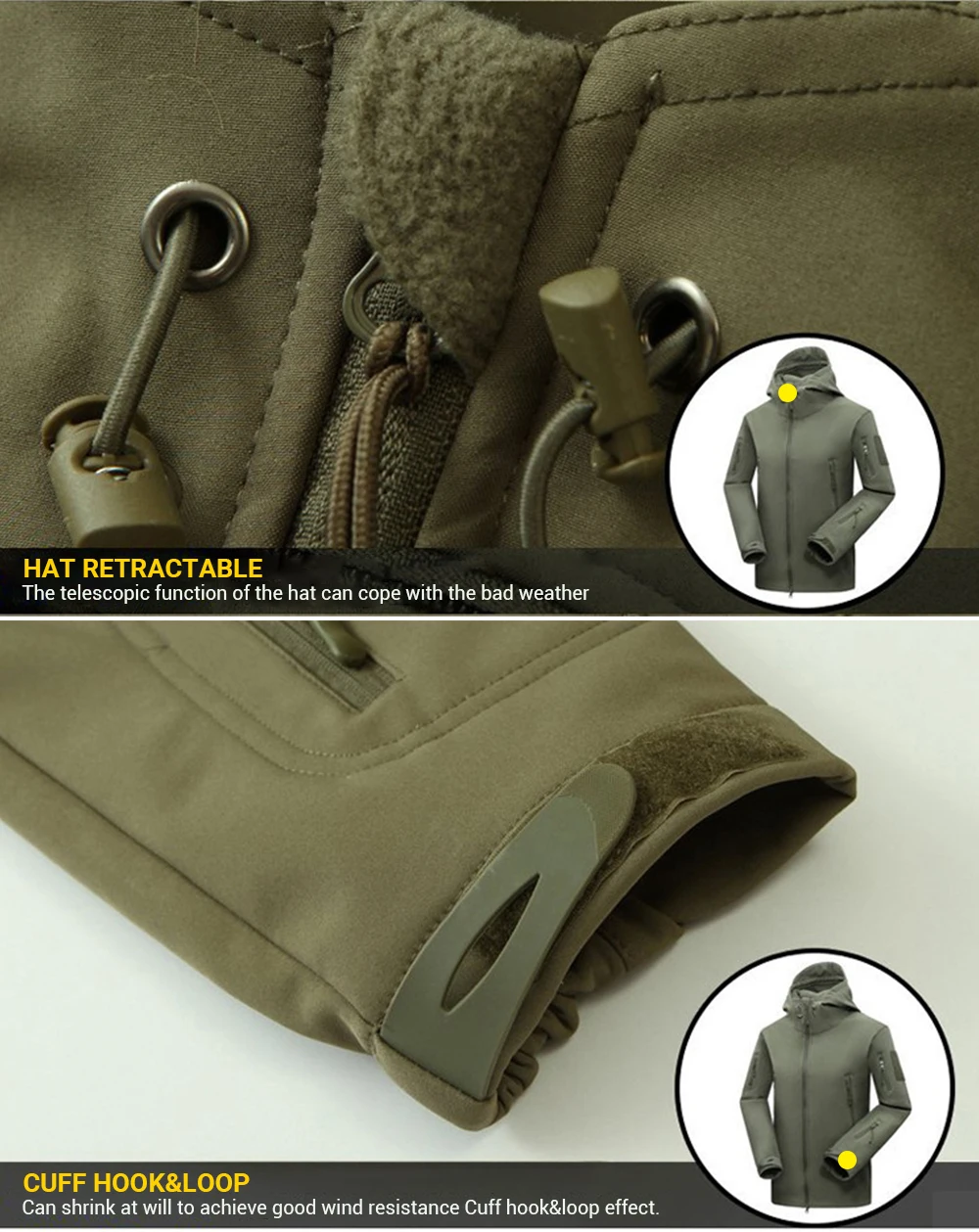 An ultra-thin Smart Heated Jacket with pocket temperature controls, featuring a hood and zipper.
