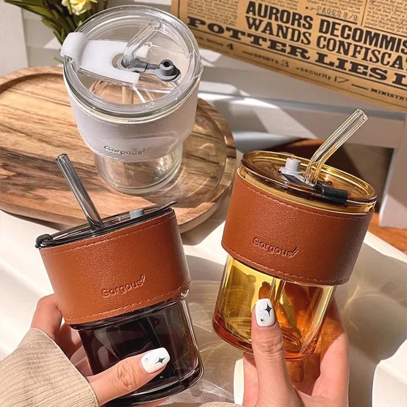 Creative 400ml Double-Mouth Glass Water Bottle with Lid and Straw