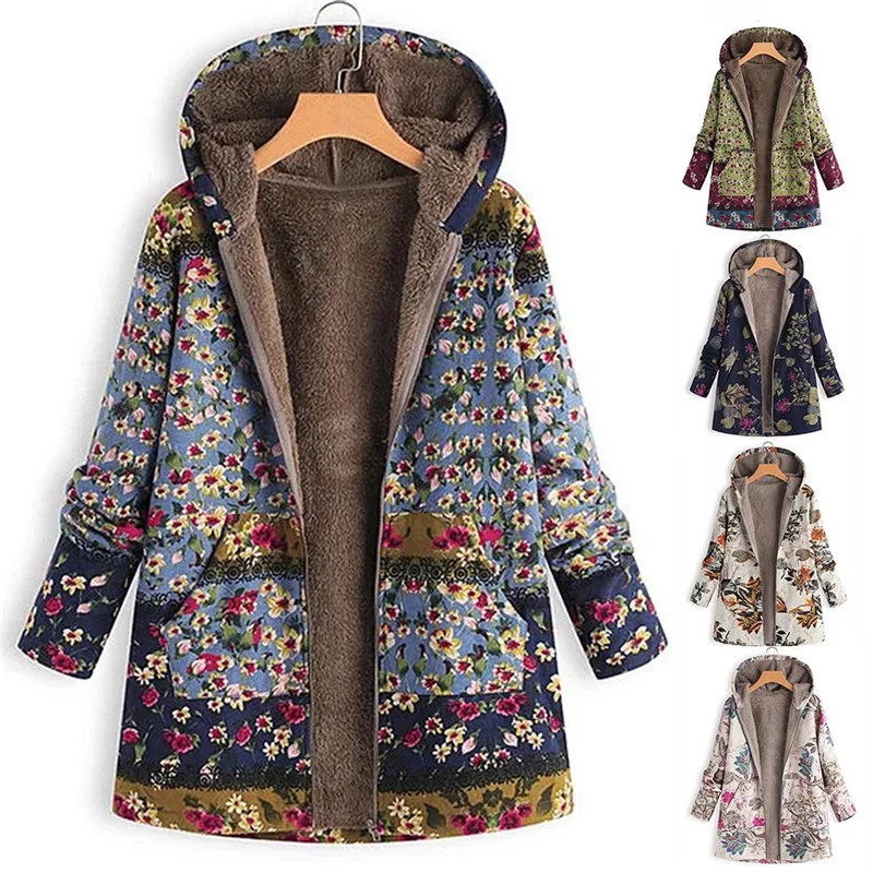 2021 Autumn Winter Women Warm Coats Vintage Plus Size Casual Printed Hooded Outwear Fashion Long Sleeve Zipper Jackets black puffer coat