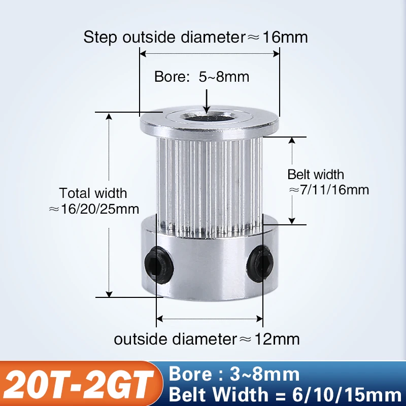 

20 Teeth 2M 2GT synchronous Pulley Bore 3/3.17/4/ 5/6/6.35/8mm for width 6mm 2GT Timing Belt GT2 pulley Belt 20Teeth20T 20teeth