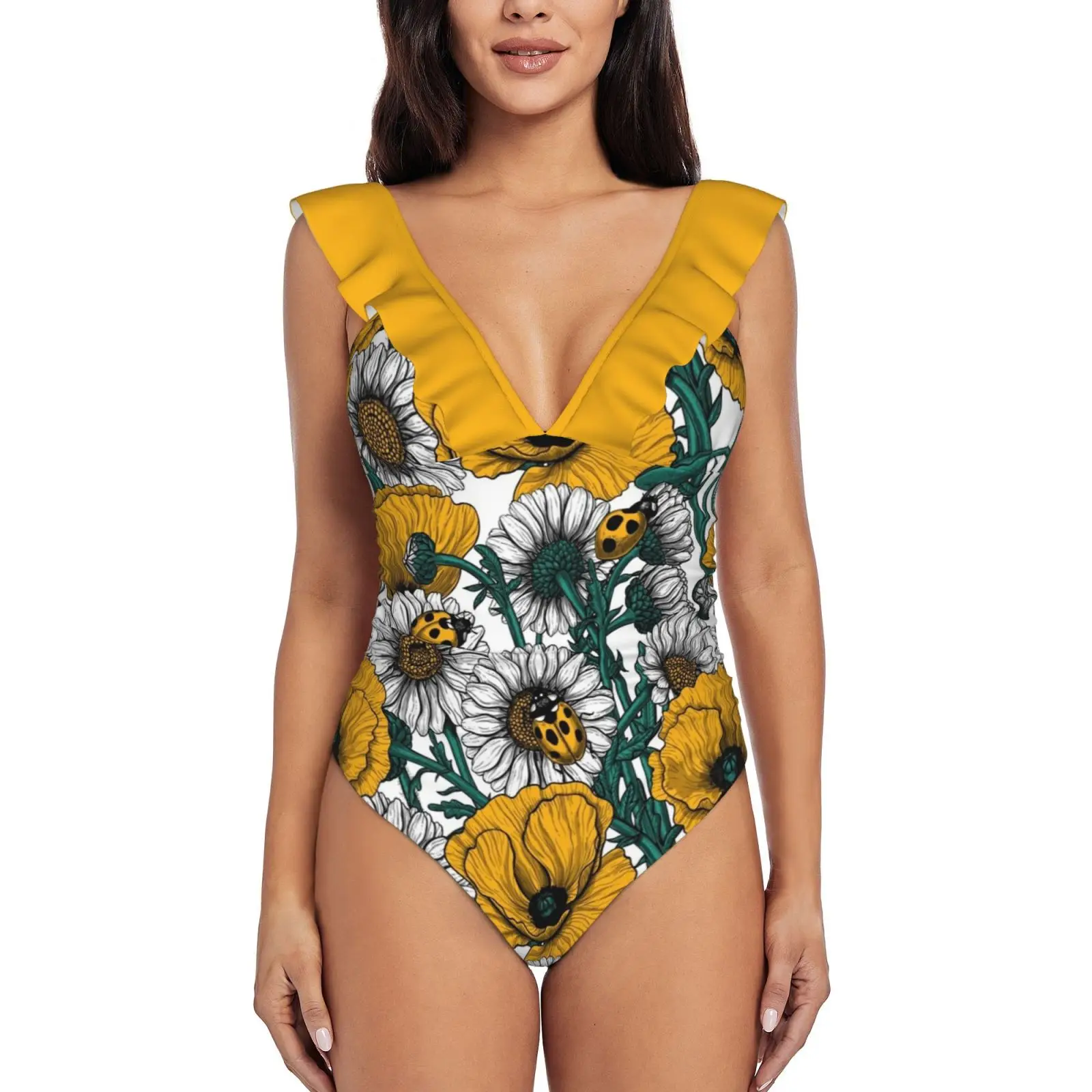 The Meadow In Yellow Ruffled One-Piece Swimsuit Women Sexy Monokini Swimwear New Beach Bathing Suits Ink Pattern Nature Vector