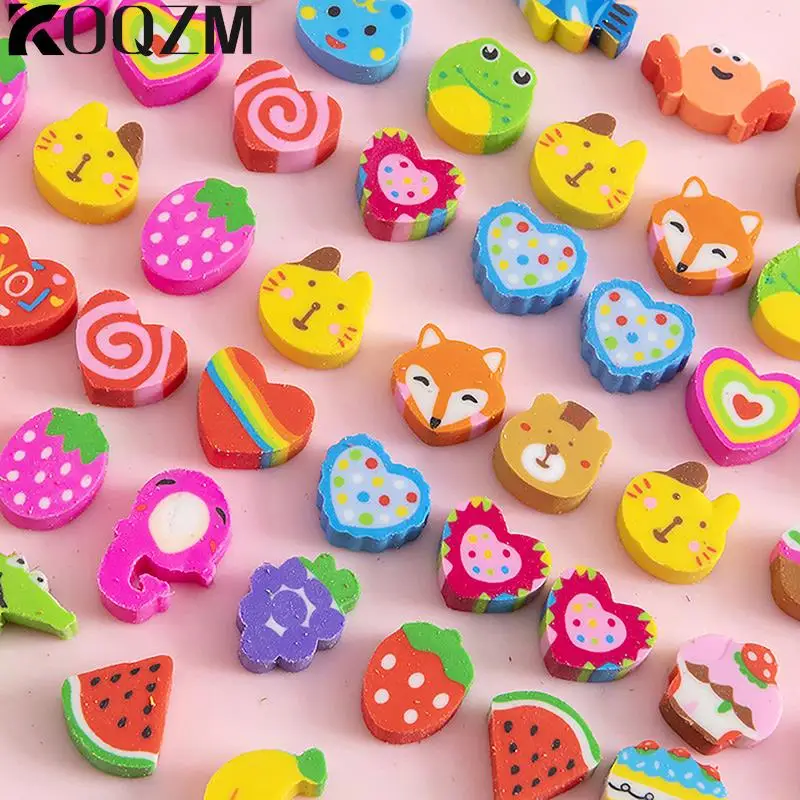 Kawaii Eraser Creative Cartoon Mini Pencil Eraser Animal Fruit Christmas Children's School Stationery 50pcs/bag