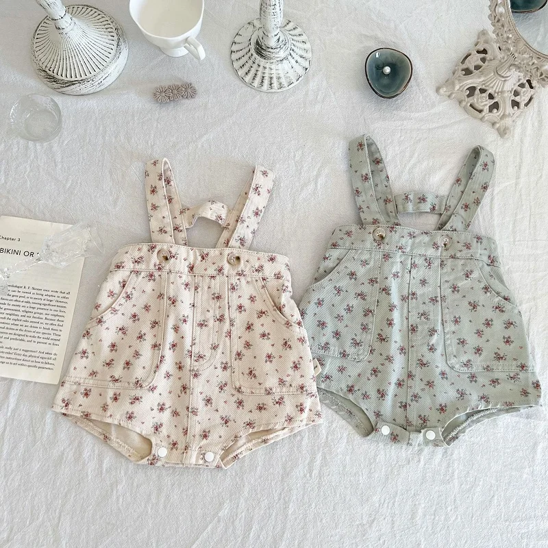 

INS Autumn Newborn Baby Boy Girl Bodysuit 0-3Years Kids Sleeveless Strap Overalls Flower Suspender Shorts Outfits Denim Clothes