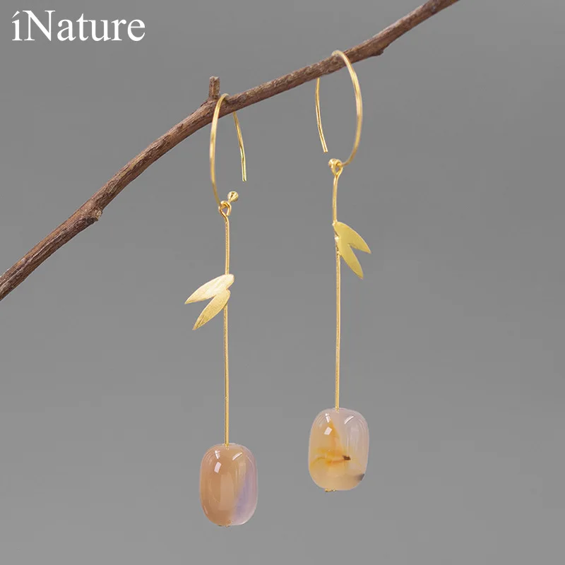 

INATURE Natural Agate 925 Sterling Silver Bamboo Leaf Long Drop Dangle Earrings For Women Jewelry Accessories