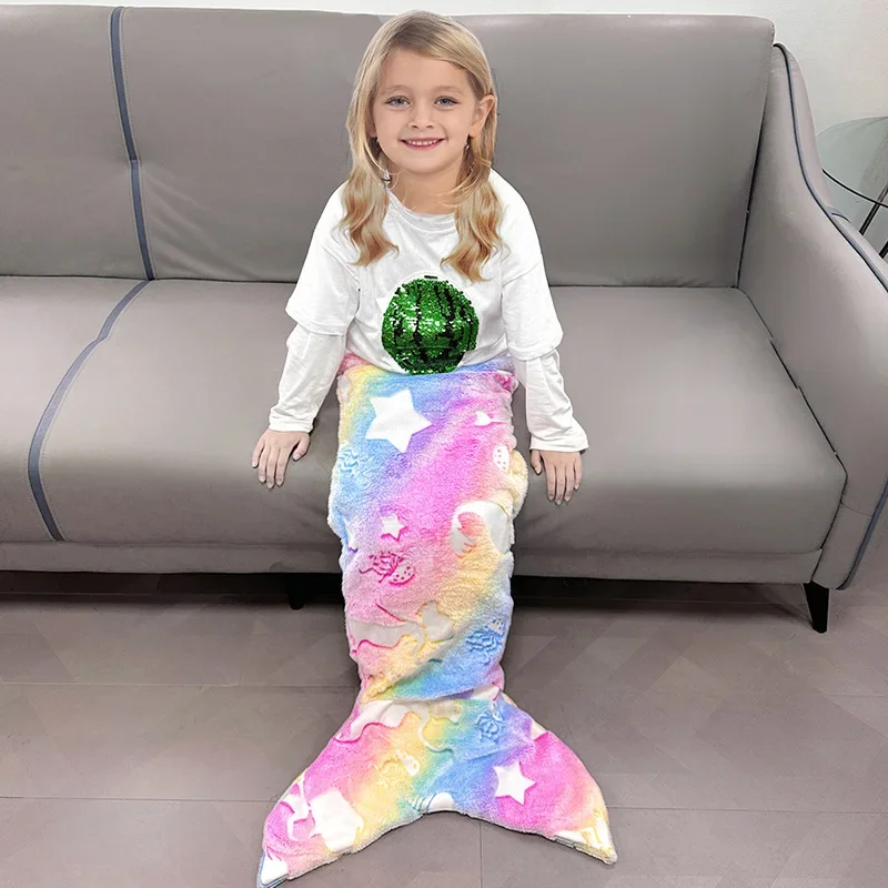 Night Light Mermaid Blanket Children's Sleeping and Nap Blanket Flannel Warm Foot Cover Children's Sleeping Bag Kids Pajamas