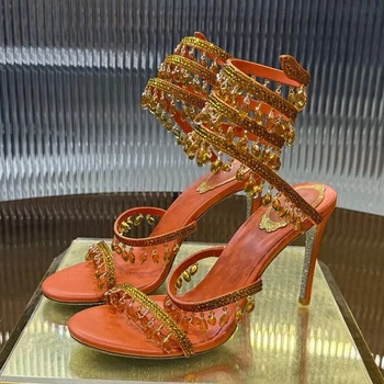 Fashion High Heels Sandals Women Crystal String Bead Snake Shaped Winding Wedding Shoes Summer Thin Heels Gladiator Sandalias 1
